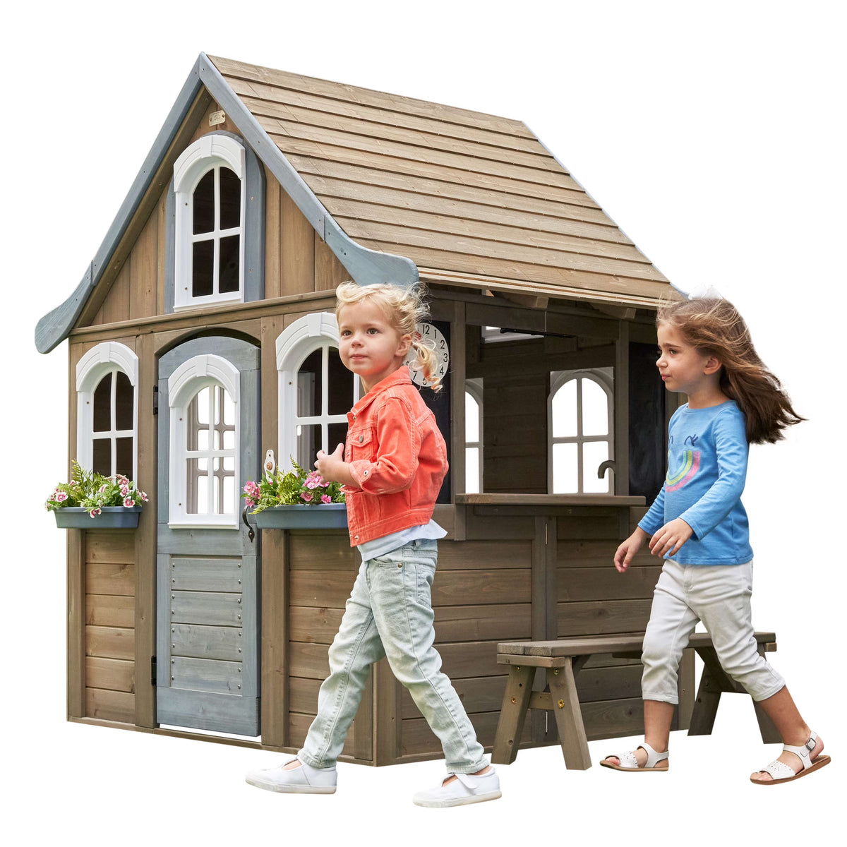 Wooden Outdoor Playhouse with Bench and Kitchen F963236