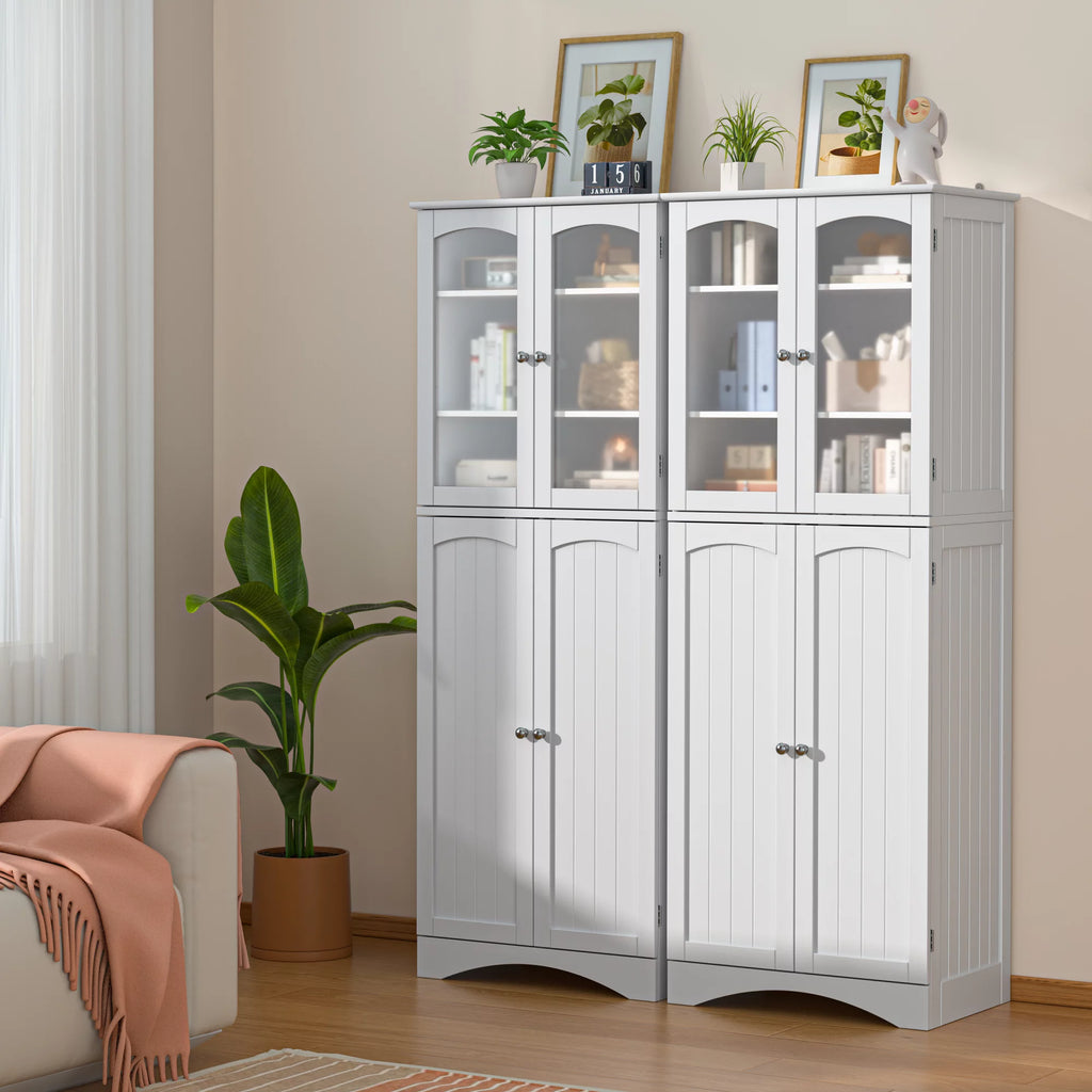 64" Tall Kitchen Pantry Storage Cabinet with Glass Door, White B5691