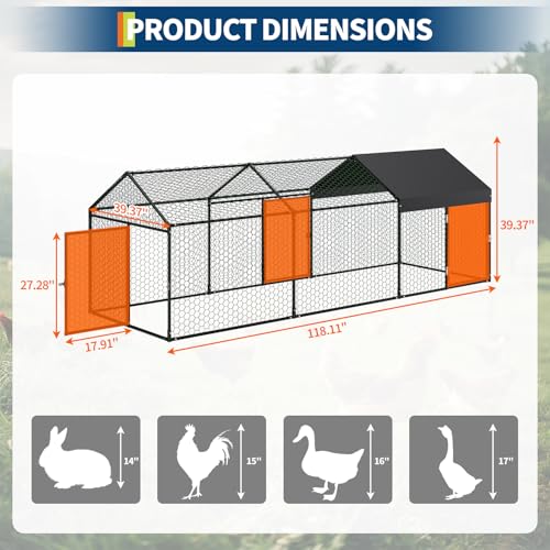 Metal Chicken Coop with Waterproof Cover, 160" x40" x40", 4 Doors T14431