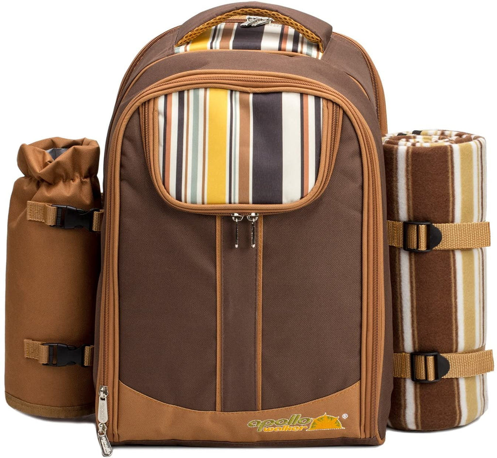 Picnic Backpack for 2 Person with Cooler Compartment, Fleece Blanket, Plates and Cutlery, Brown W105241