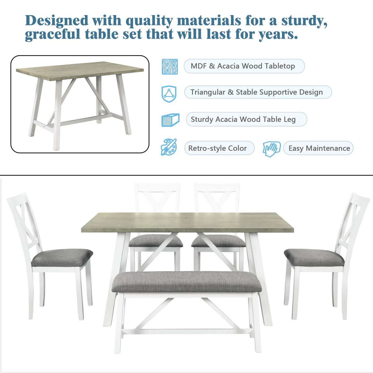 6 Piece Wood Dining Table Set with Bench and 4 Chairs C449
