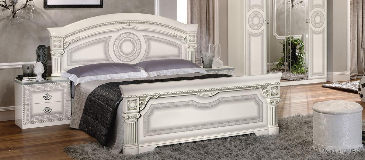 Glossy White Silver Finish King Platform Bedroom Set 3Pcs D654