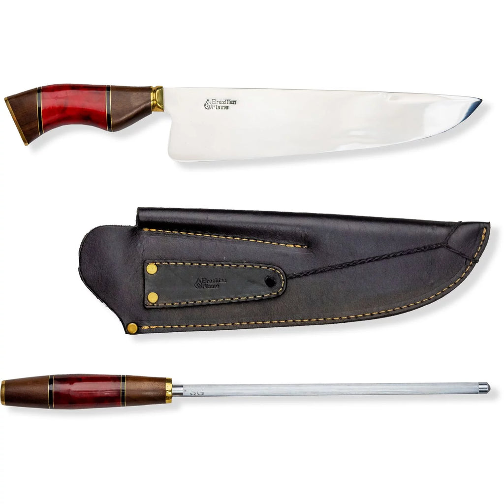 10-inch Stainless Steel Knife Set with Sharpener in Red F8983