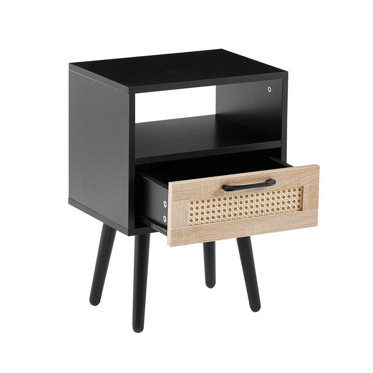 Black Rattan End Table with Drawer and Open Shelf V89170