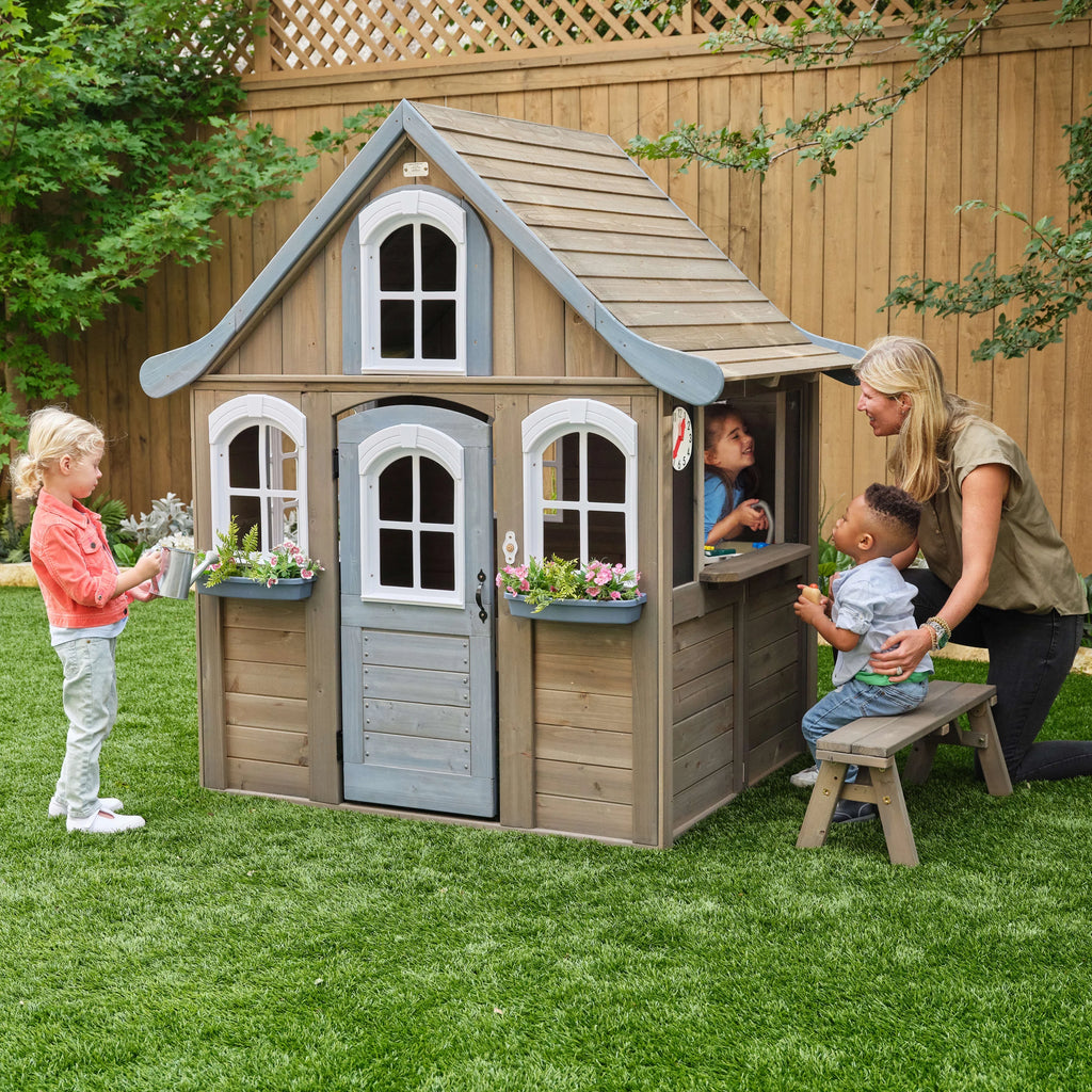 Wooden Outdoor Playhouse with Bench and Kitchen F963236