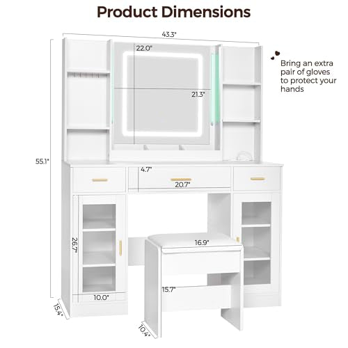 White Vanity Desk with Mirror and Stool W486
