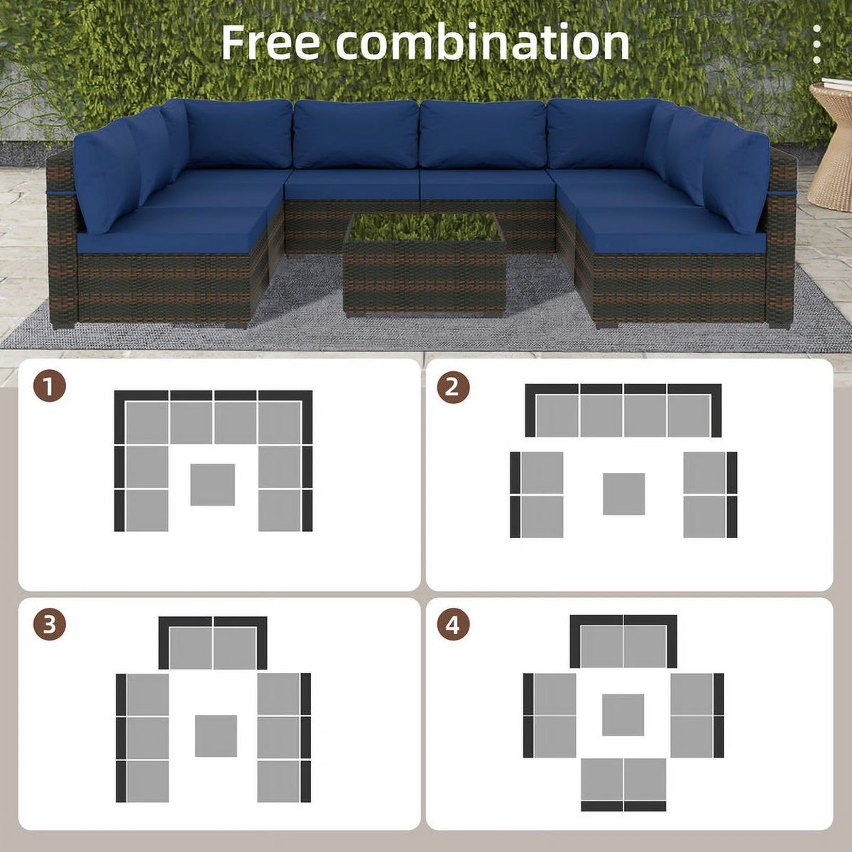 9 Piece PE Rattan Patio Furniture Set with Cushion and Glass Table L56653
