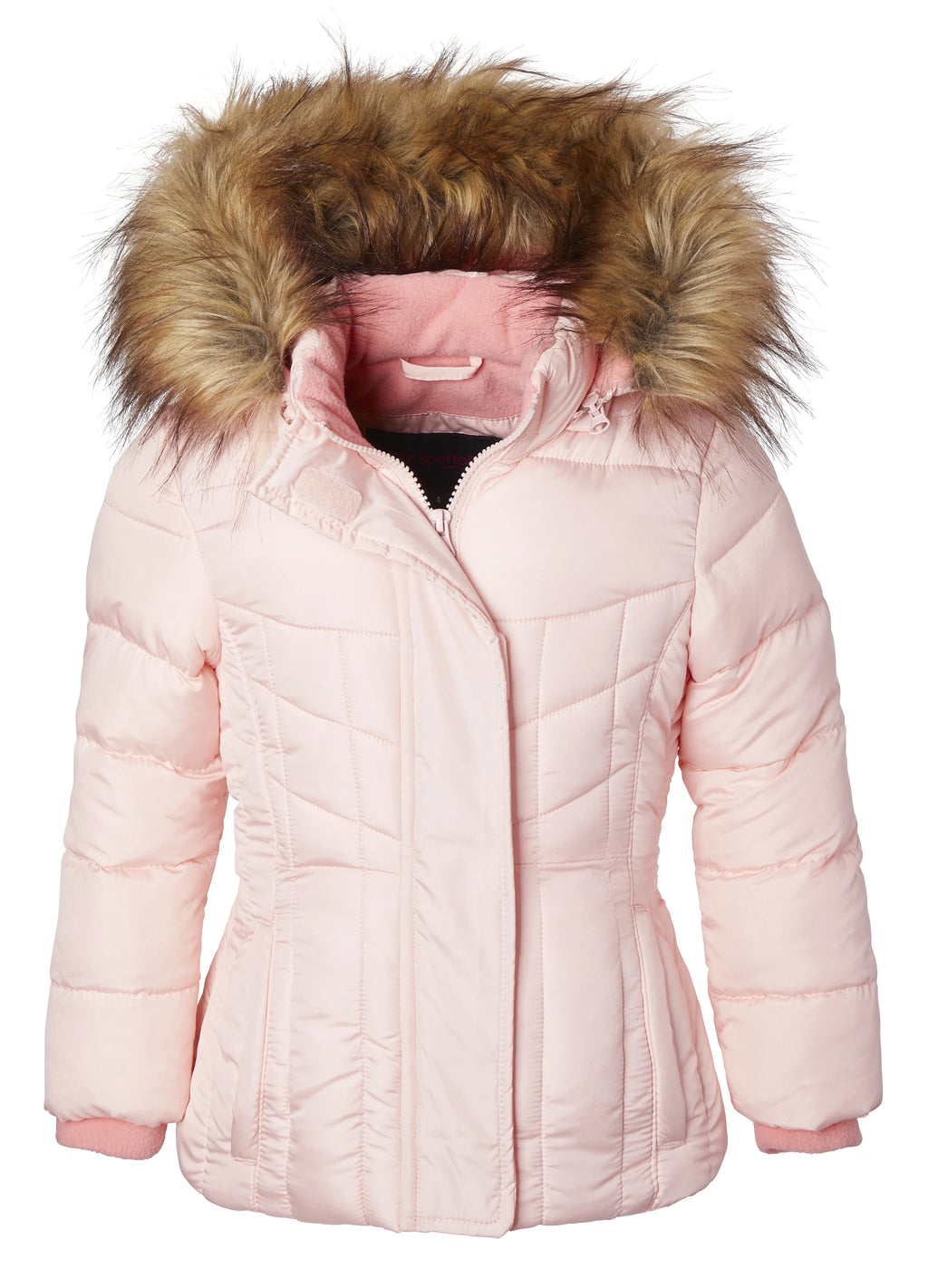 Girls Quilted Fleece Lined Winter Puffer Jacket Coat Faux Fur Trim Zip-Off Hood Blush 14/16 X3481