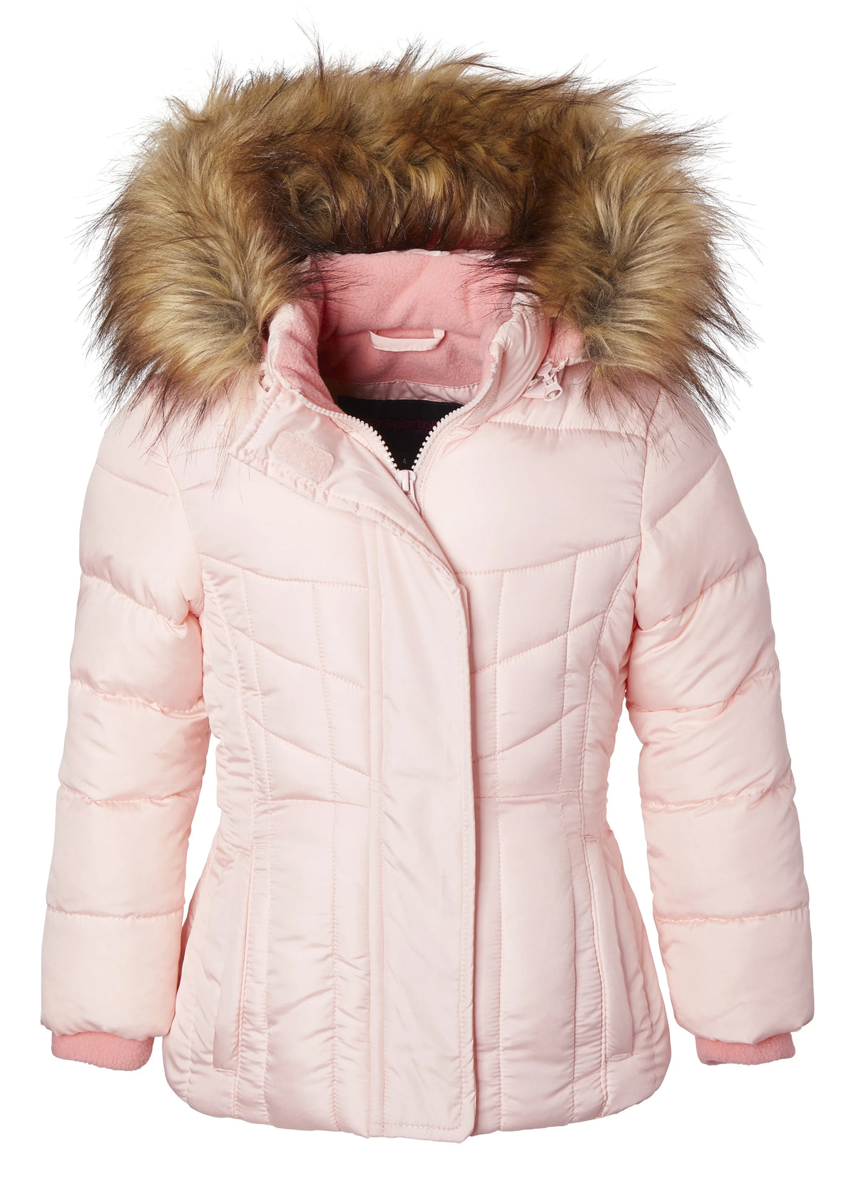 Girls Quilted Fleece Lined Winter Puffer Jacket Coat Faux Fur Trim Zip-Off Hood Blush 14/16 X3481