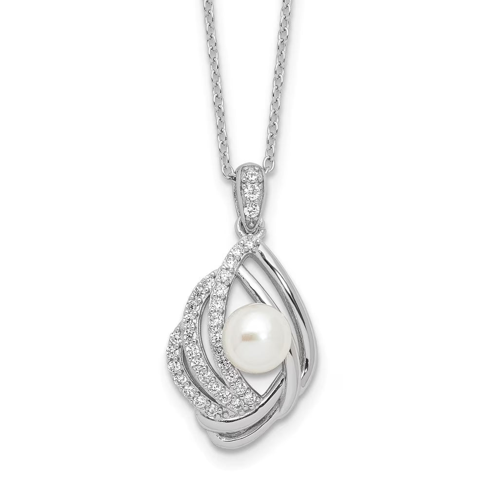 925 Sterling Silver Freshwater Cultured Pearl and CZ Teardrop Necklace 20" M9423