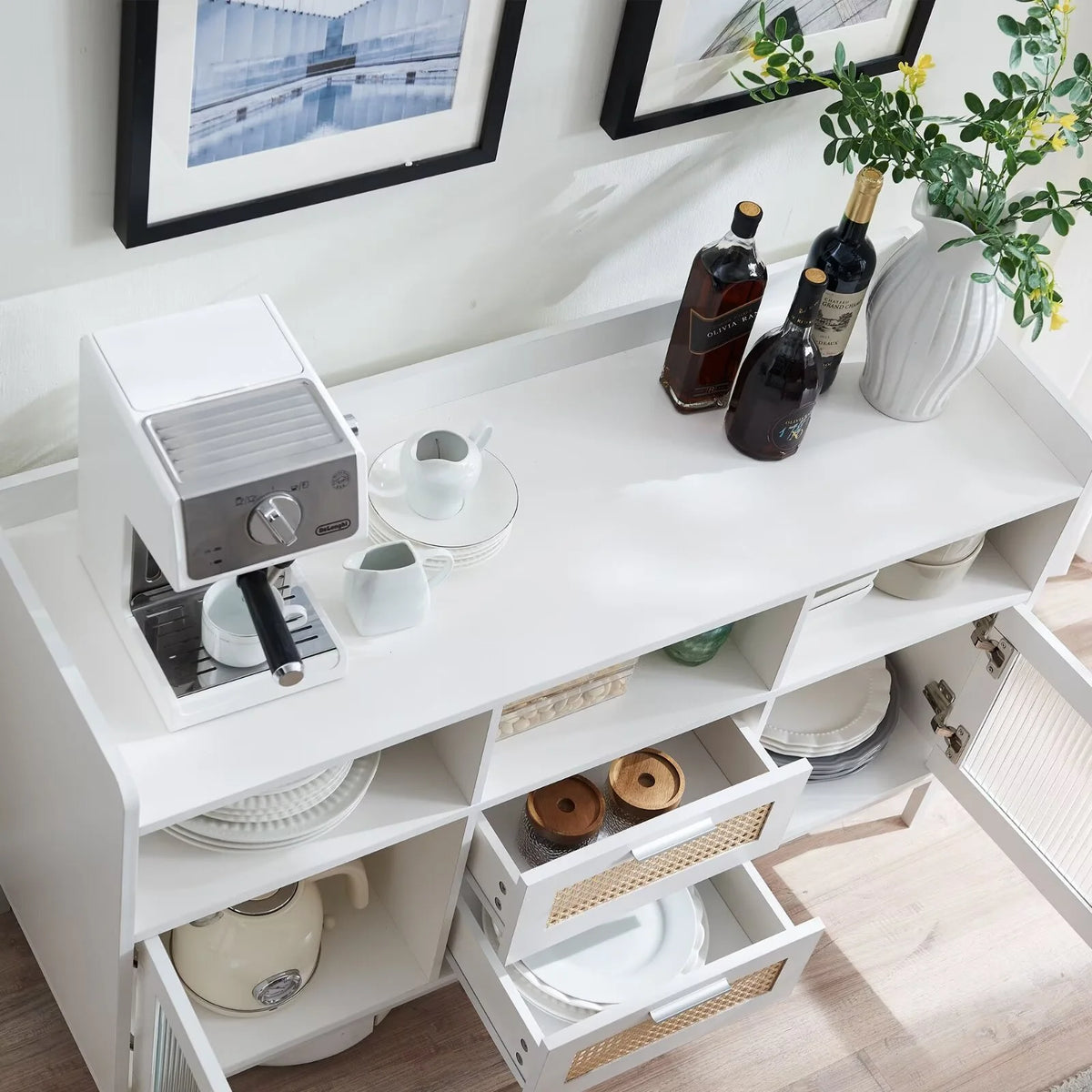 White Buffet Sideboard Cabinet with Acrylic Doors and Rattan Drawer U53350