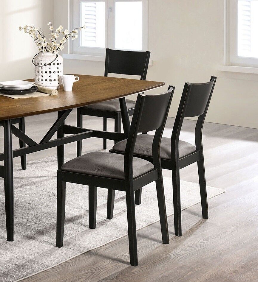 Set of 2 Dining Chairs Black Solid Wood Gray Leatherette Seat T51955