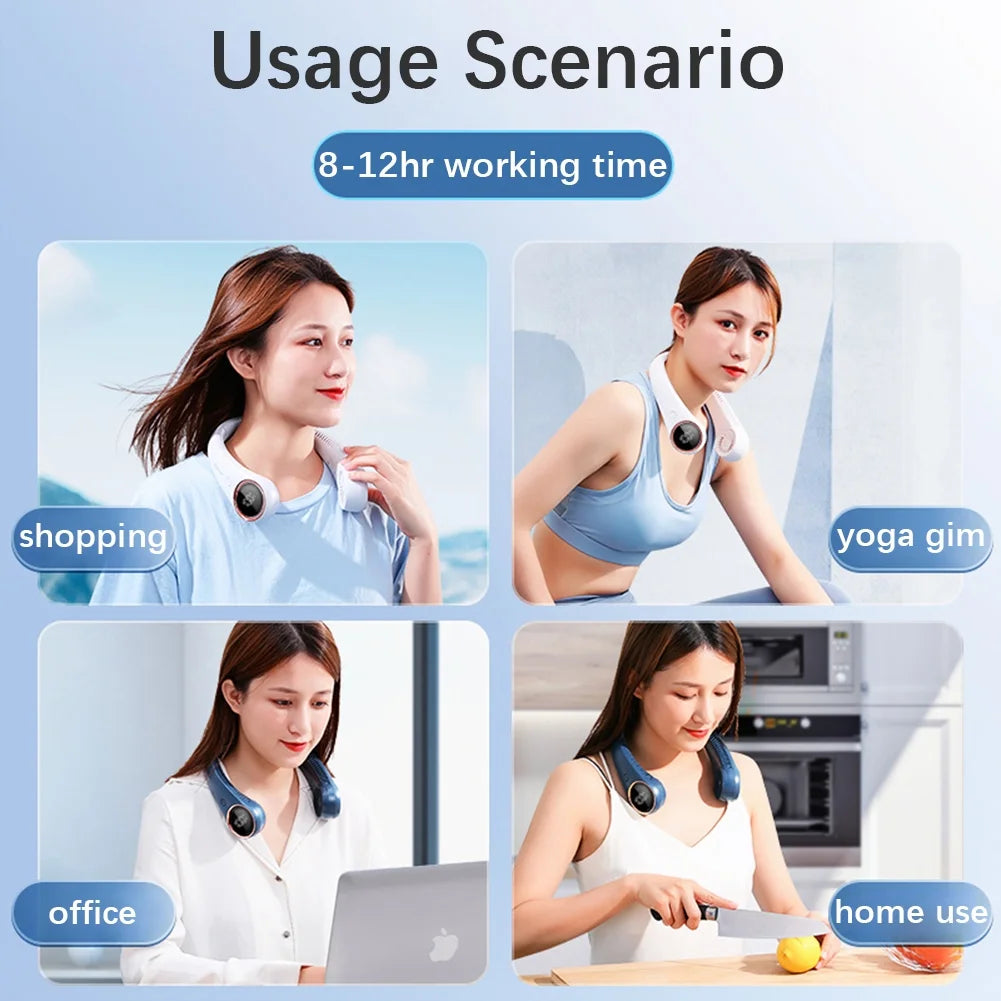 Bladeless Neck Fan Digital Display 4000mAh USB Rechargeable Blue G621595