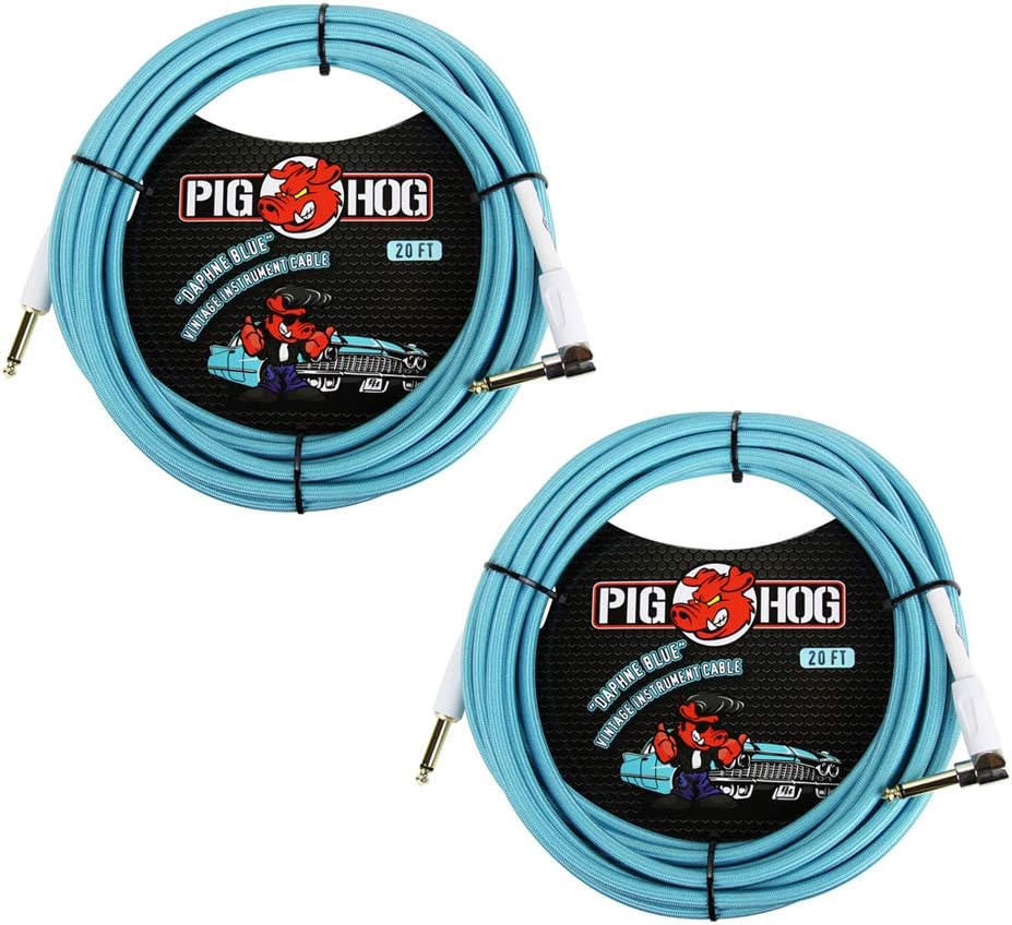Vintage-Series Woven Instrument Cable, Daphne Blue, 20', Right Angle, Bundle Pack of 2 X3130