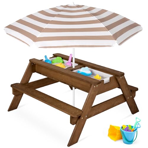Kids 3-in-1 Sand & Water Table Wood Picnic Table with Umbrella H4615