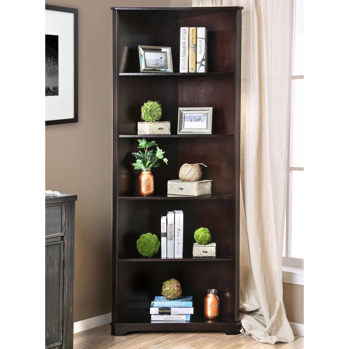 Dark Walnut Solid Wood Corner Bookshelf K175611