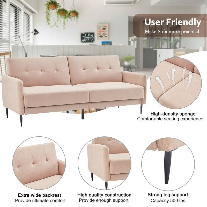 Beige Linen Fabric Folding Futon Sofa Bed with Metal Leg M411620