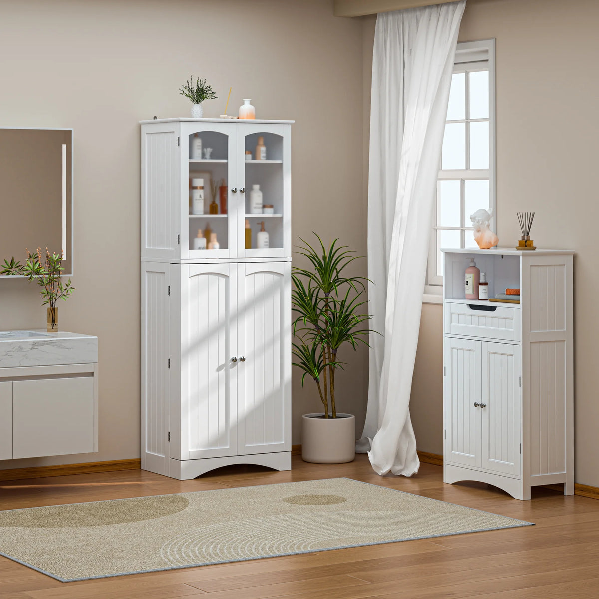 64" Tall Kitchen Pantry Storage Cabinet with Glass Door, White B5691