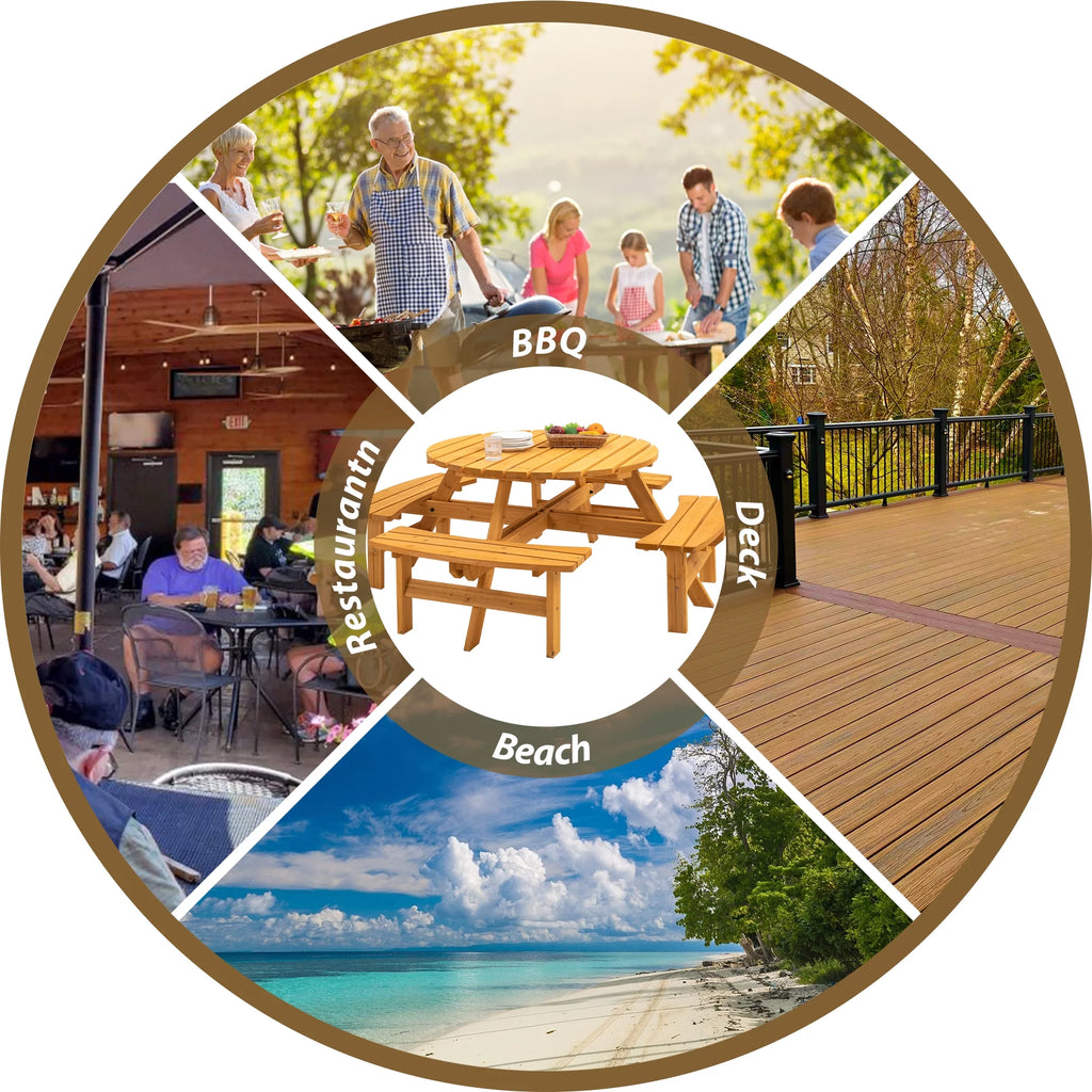 8-Person Wooden Picnic Table with 4 Built-In Benches N706