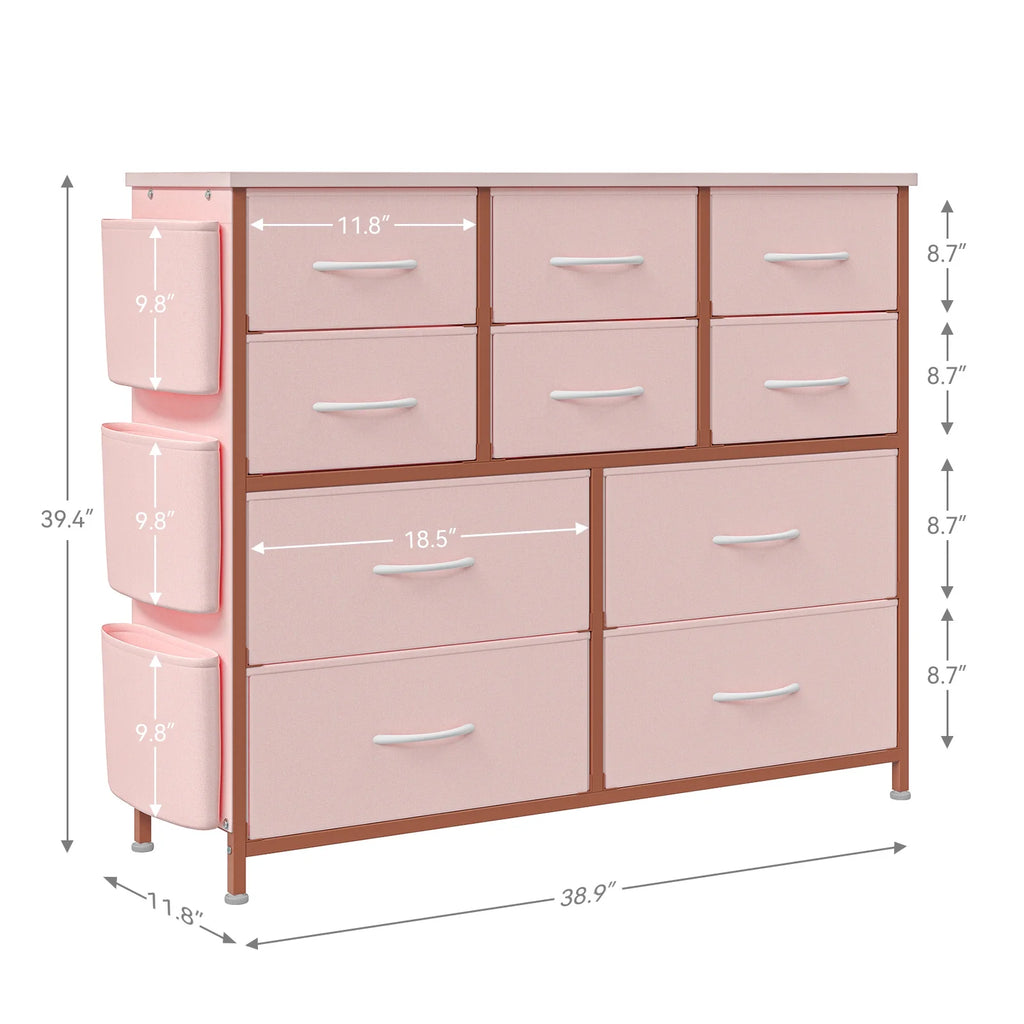 Pink 10 Drawer Fabric Dresser with Wood Tabletop P5737