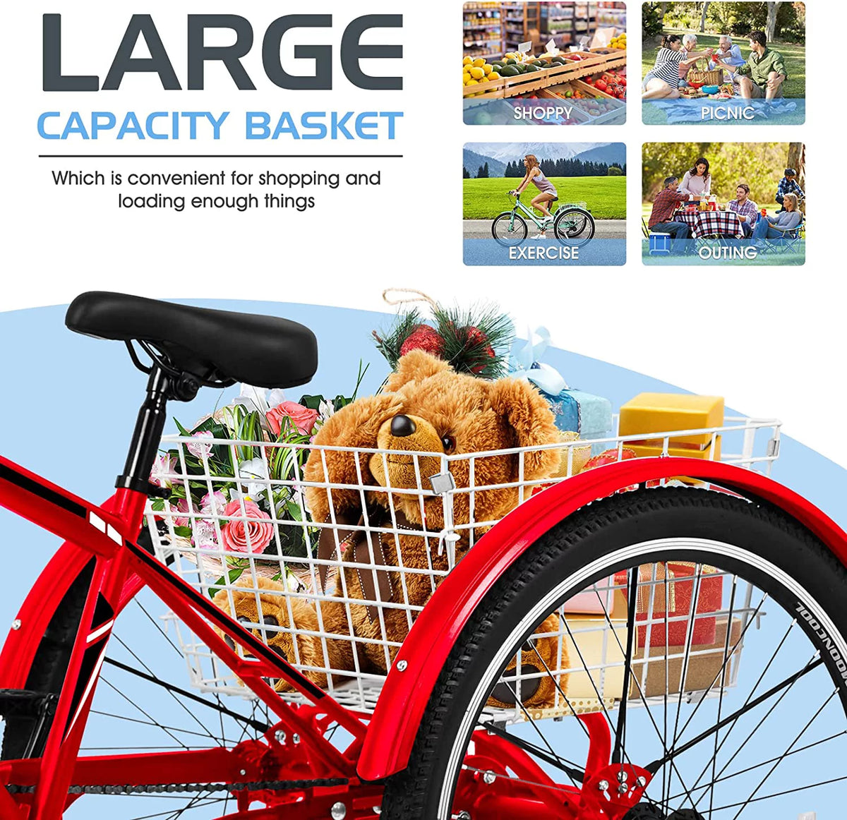 7 Speed 24/26/27.5 Inch Adult Mountain Tricycle with Shopping Basket L382535