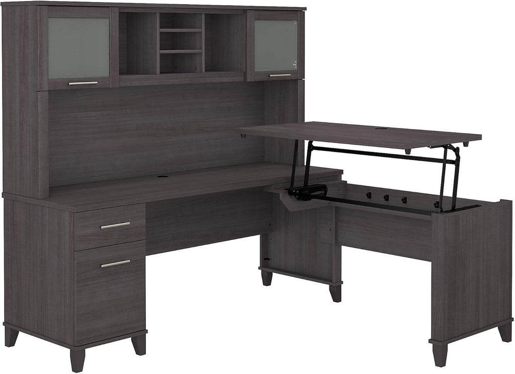 Sit to Stand L Shaped Desk with Hutch in Sand Oak Z282090