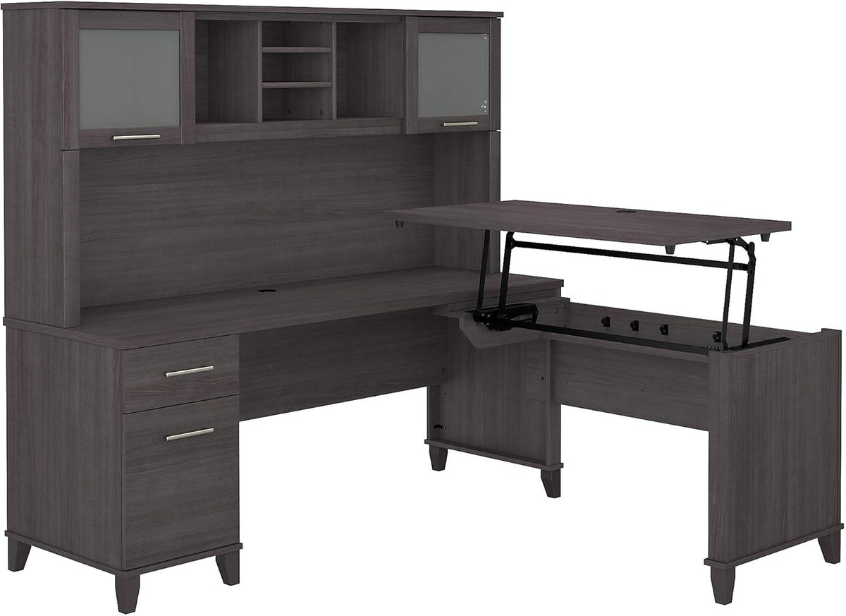 Sit to Stand L Shaped Desk with Hutch in Sand Oak Z282090