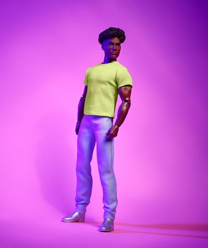 Ken Doll with Curly Black Hair, Chartreuse Tee, Pastel Trousers, Silver Boots K3849