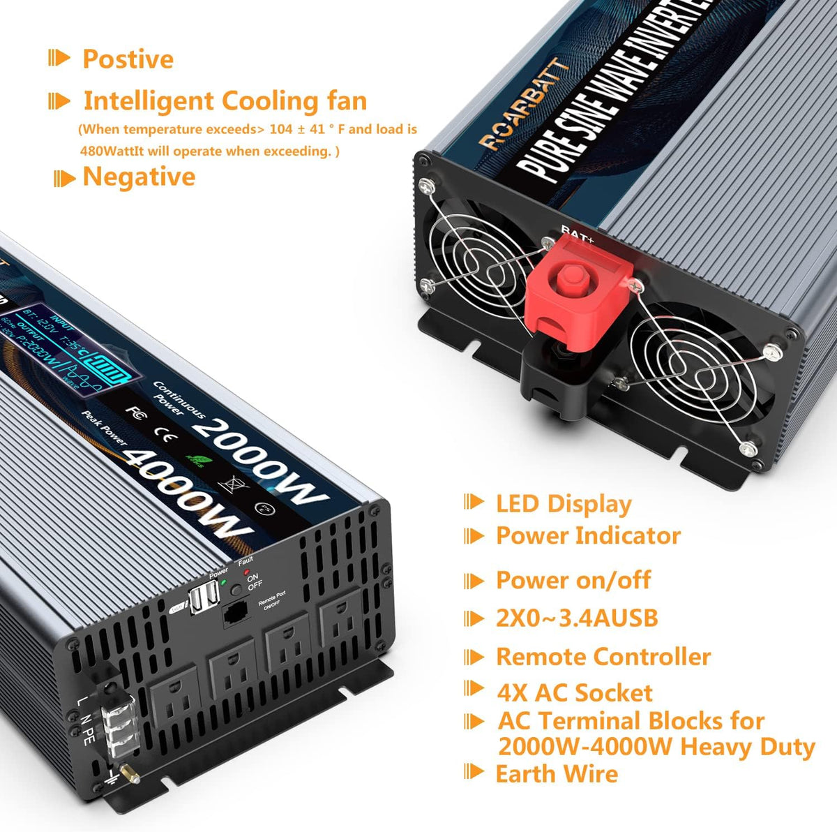 2000W Pure Sine Wave Power Inverter 12V DC to 110V/120V H951