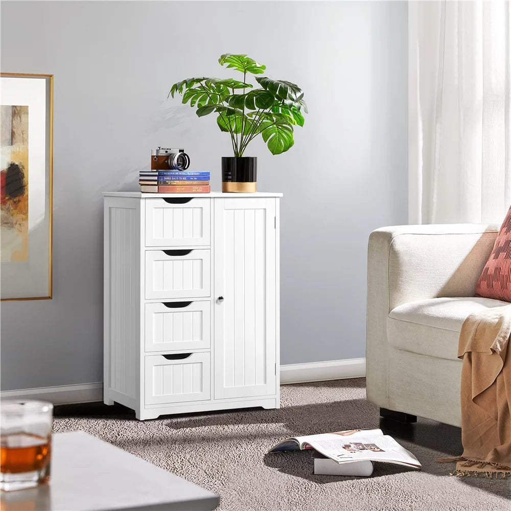 White Wooden Bathroom Floor Cabinet with Drawers and Cupboard E210424
