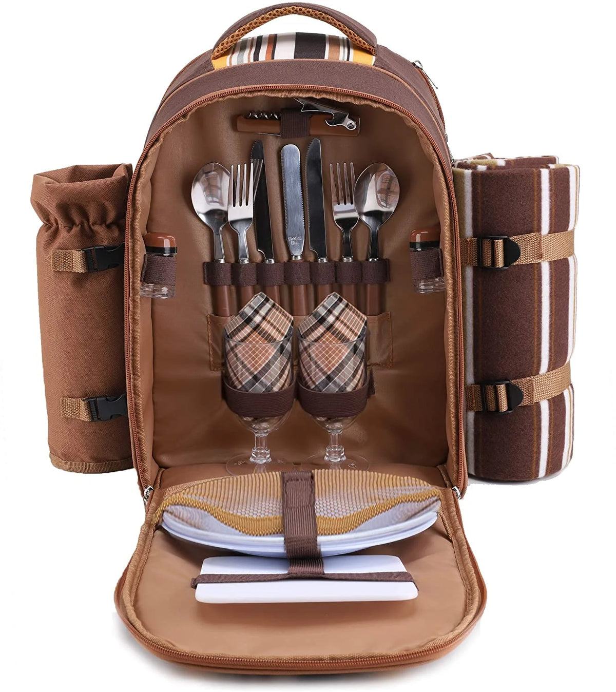 Picnic Backpack for 2 Person with Cooler Compartment, Fleece Blanket, Plates and Cutlery, Brown W105241