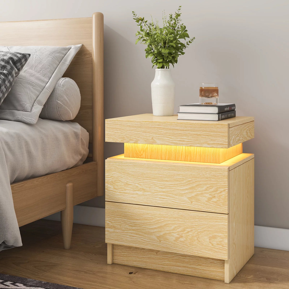 White 2 Drawer High Gloss Nightstand with LED Light P59654