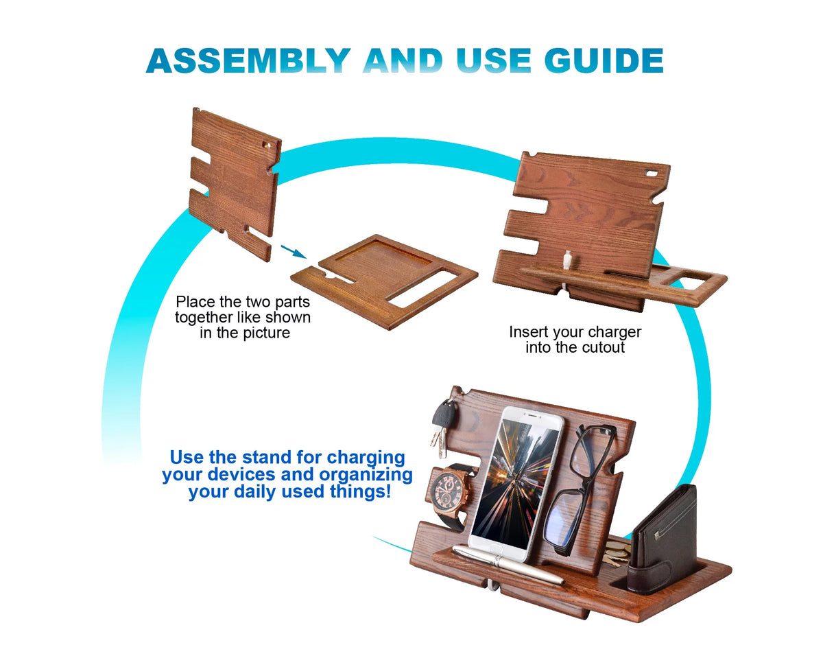 Wood Phone Docking Station Key Holder Wallet Stand Watch Organizer H640545