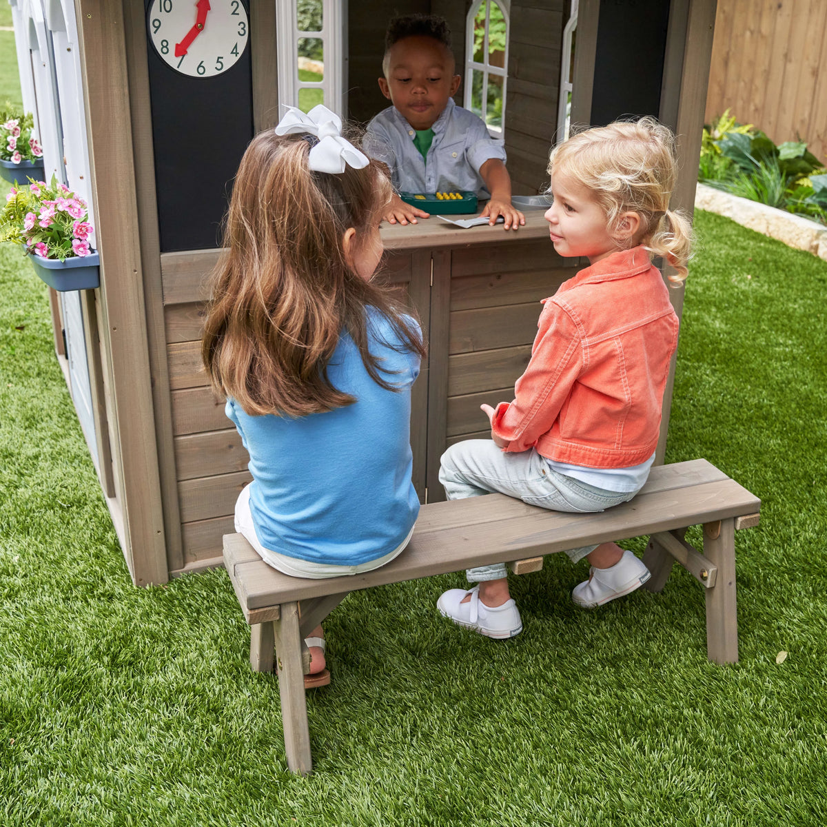 Wooden Outdoor Playhouse with Bench and Kitchen F963236