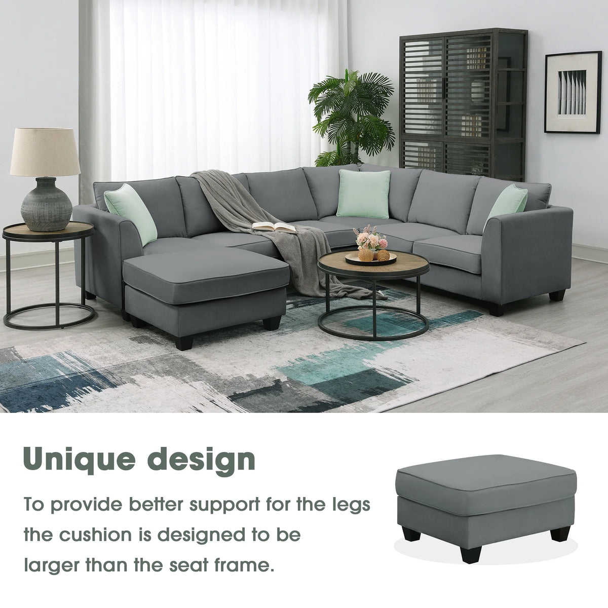 7 Seats L Shape Fabric Sectional Sofa with Ottoman Q726752