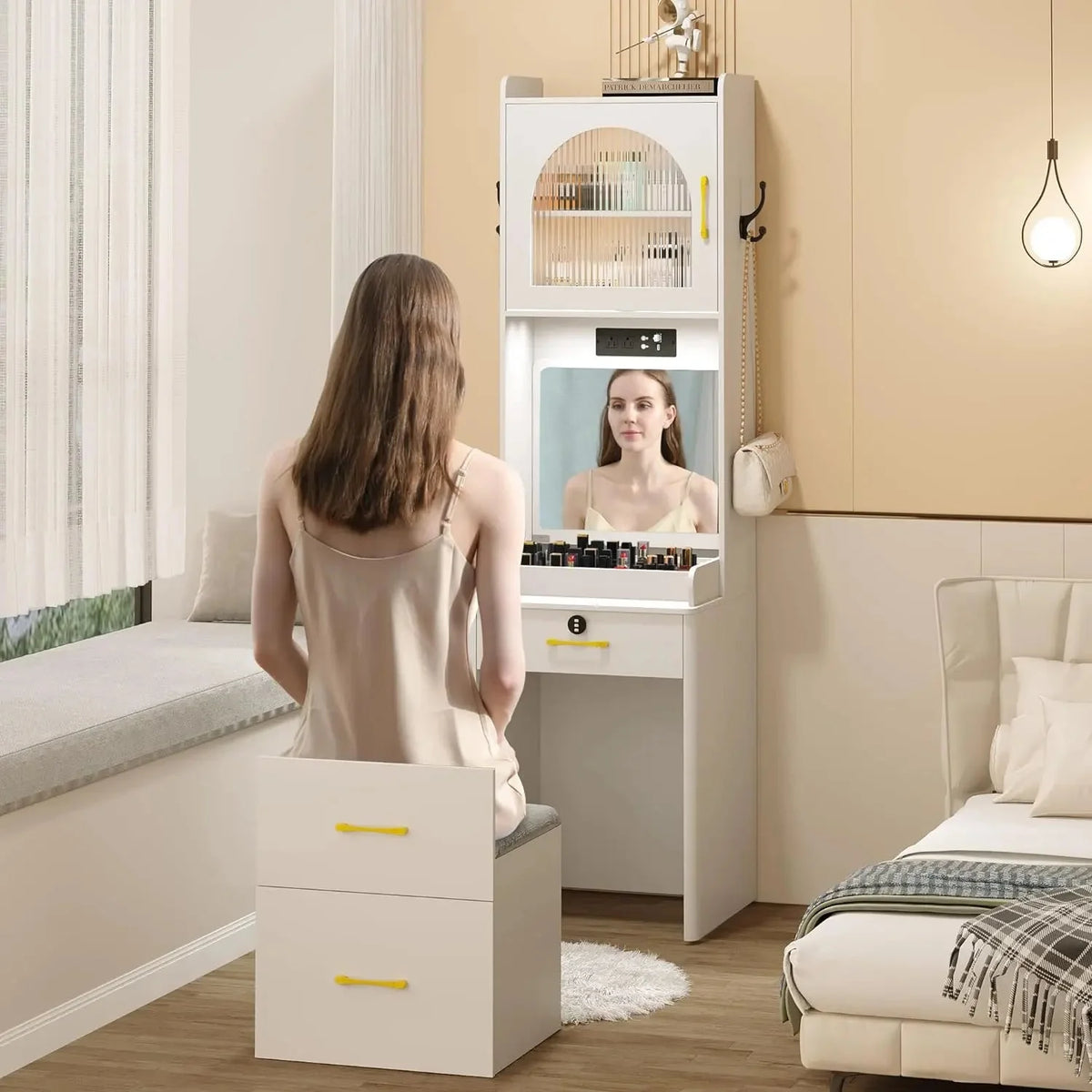 White Small Vanity Desk with Mirror and Lights N259812