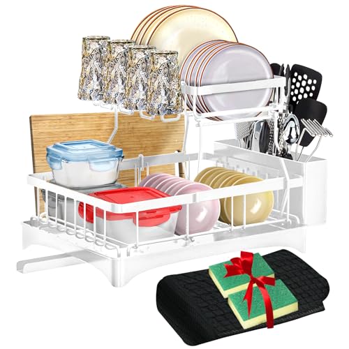 White 2-Tier Metal Dish Drying Rack with Drainboard V3057