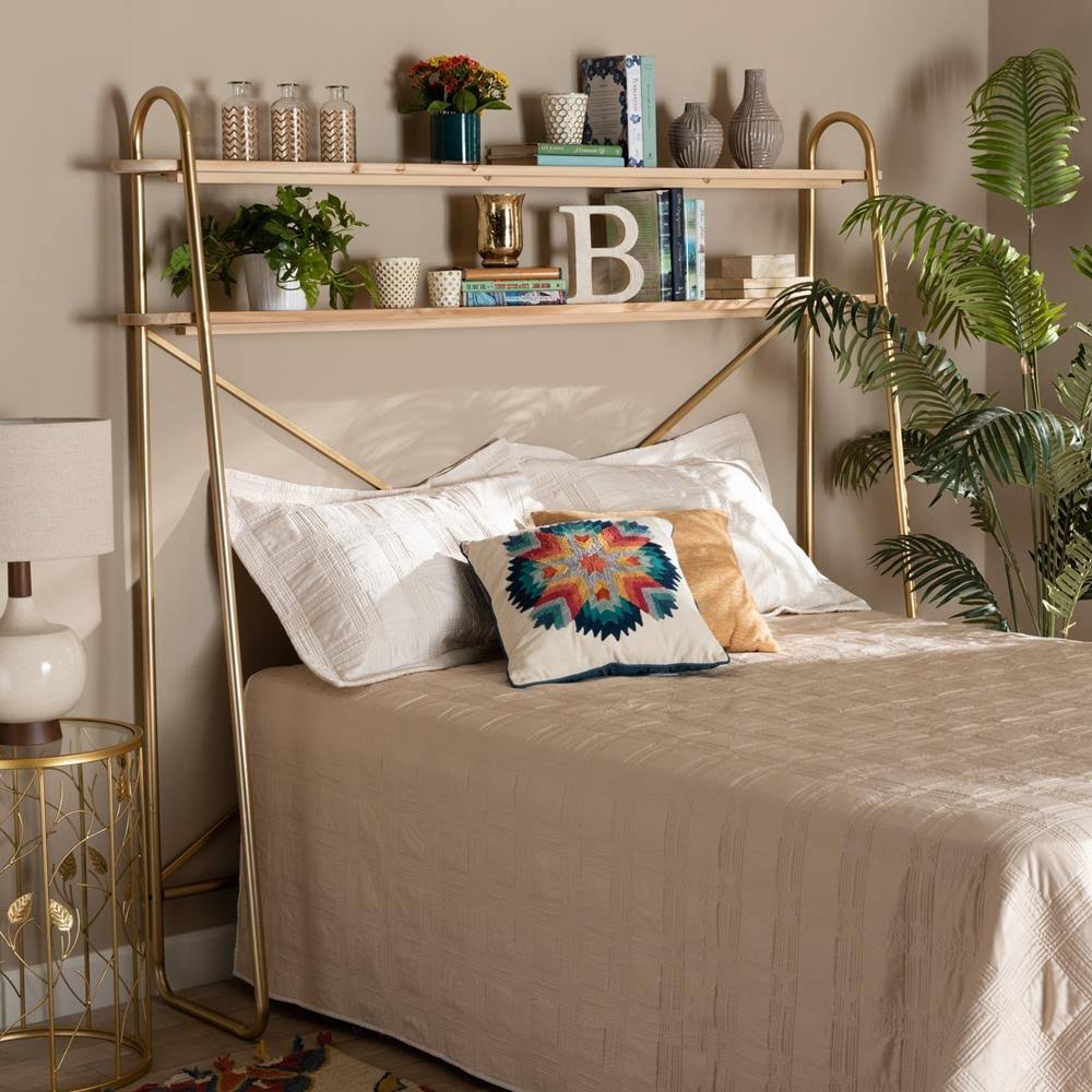 Brushed Gold Finished Metal and Natural Brown Finished Wood 2-Tier Over Bed Twin Size Storage I91843