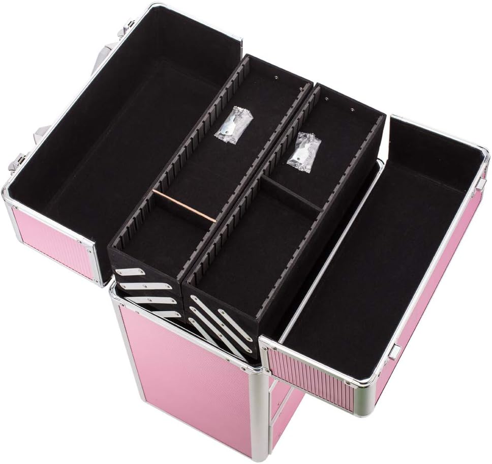 Rolling 4 Tiers Lockable Aluminum Makeup Travel Organizer Cosmetic Case Rose Pink Q185163