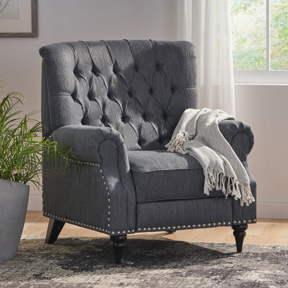 Navy Blue Fabric Recliner with Nailhead Trim M956