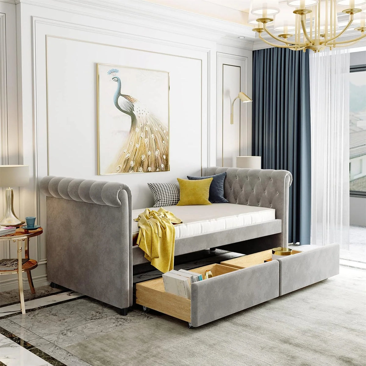 Gray Upholstered Daybed with Drawers L964619