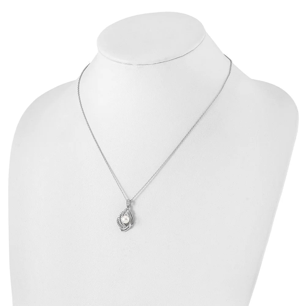 925 Sterling Silver Freshwater Cultured Pearl and CZ Teardrop Necklace 20" M9423