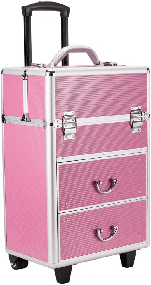 Rolling 4 Tiers Lockable Aluminum Makeup Travel Organizer Cosmetic Case Rose Pink Q185163