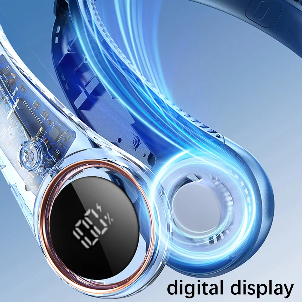 Bladeless Neck Fan Digital Display 4000mAh USB Rechargeable Blue G621595