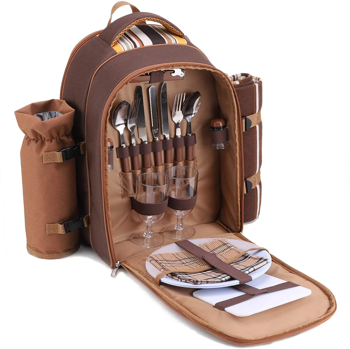 Picnic Backpack for 2 Person with Cooler Compartment, Fleece Blanket, Plates and Cutlery, Brown W105241