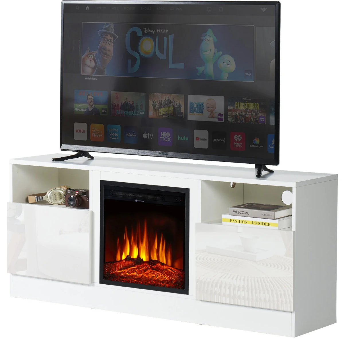 White TV Stand with Fireplace C379048