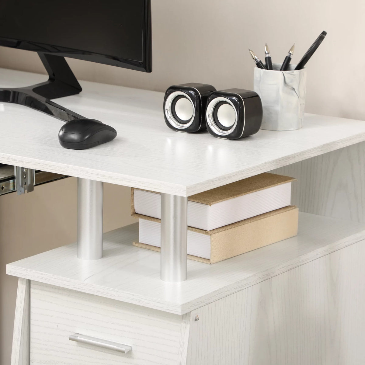 47" White Computer Desk with Keyboard Tray and Storage Drawers K65593
