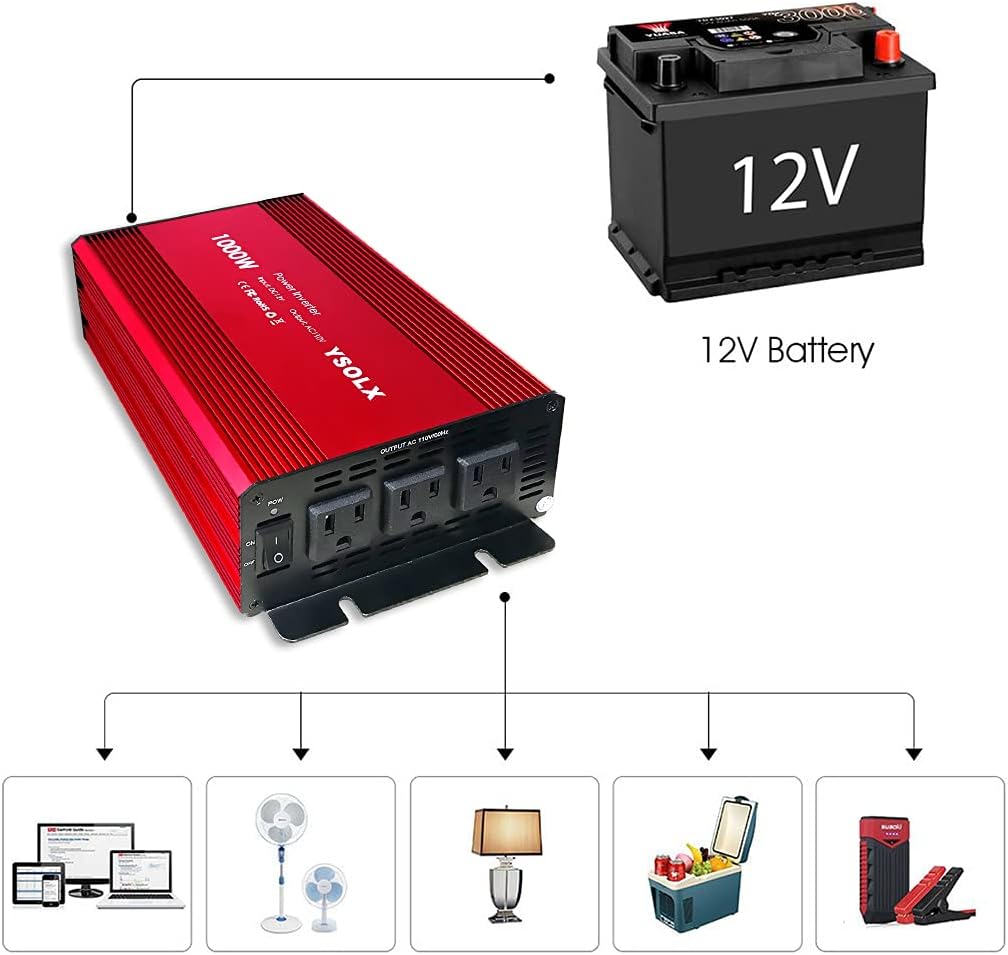 1000 Watt 12V to 110V Power Inverter with 3 AC Outlets Z722