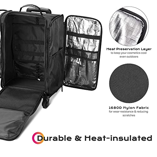 Black Rolling Makeup Train Case Soft Sided Cosmetic Storage Organizer Carry on Travel with Removable Side Pocket Bag E26560