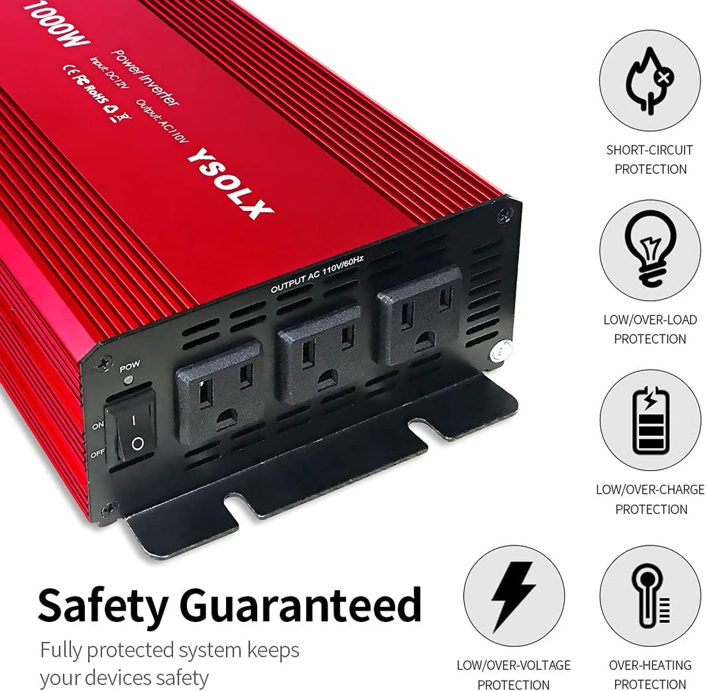 1000 Watt 12V to 110V Power Inverter with 3 AC Outlets Z722